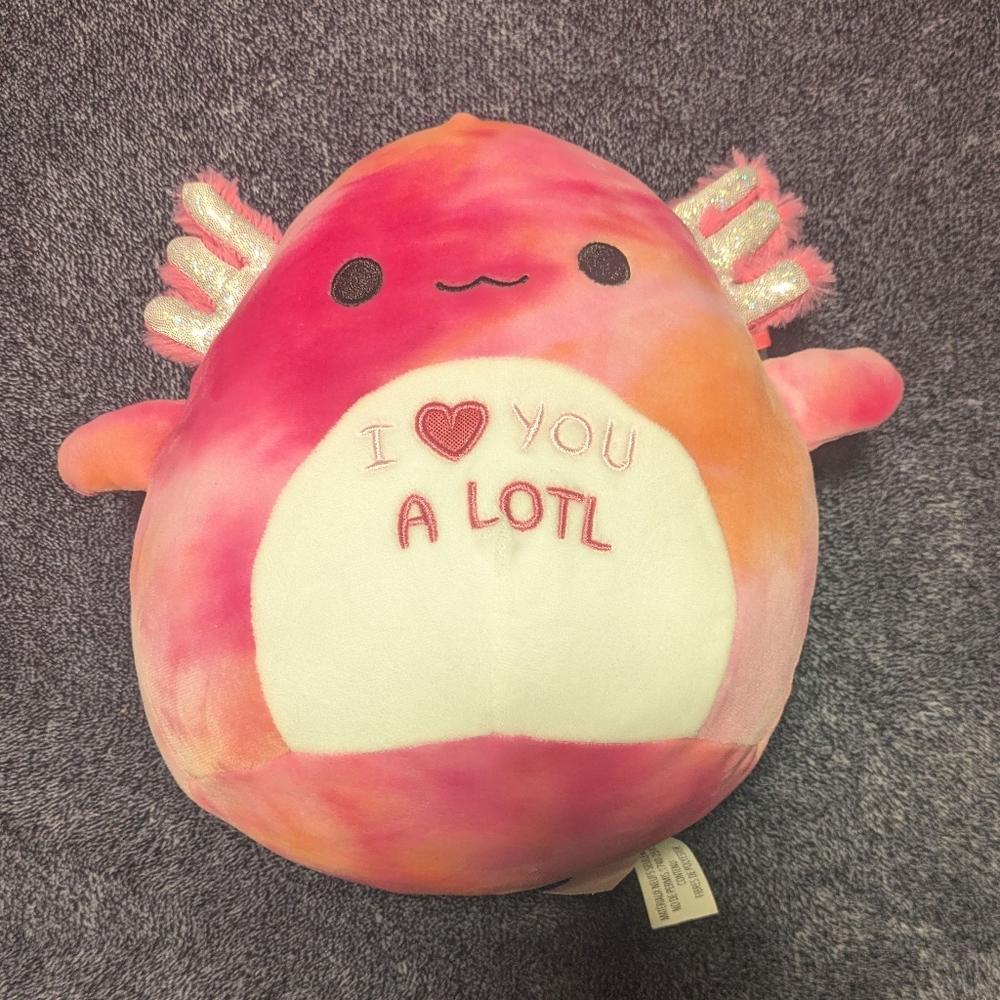 Axolotl Squishmallow, small size 5 inches, pink and orange " I ❤️ YOU ALOTL"
